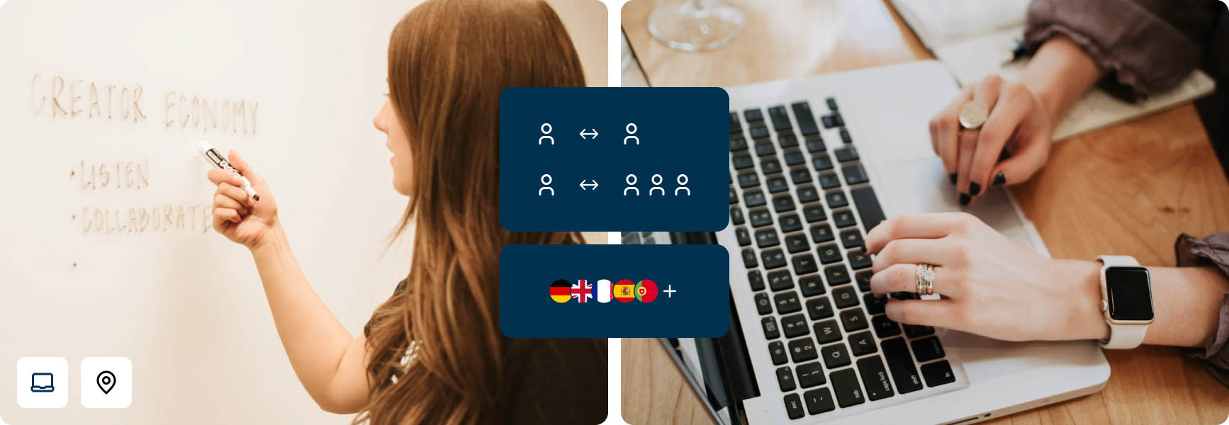 Bildercollage des Lernformats Blended Learning mit einer Sprachtrainerin an der Tafel sowie einer Teilnehmerin am Laptop.