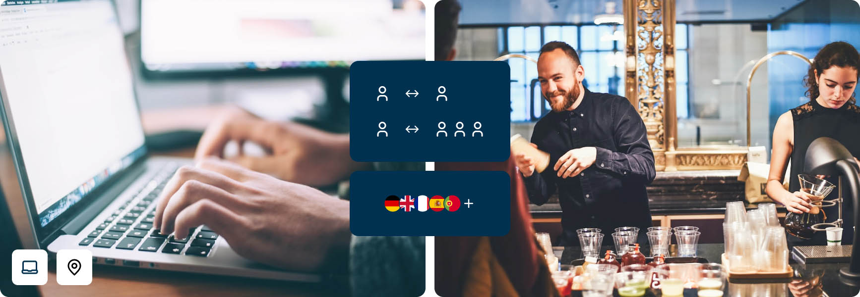 Bildercollage des Lernformats Online-Fachsprachkurs für Unternehmen mit Laptop sowie Barkeeper hinter der Bar.