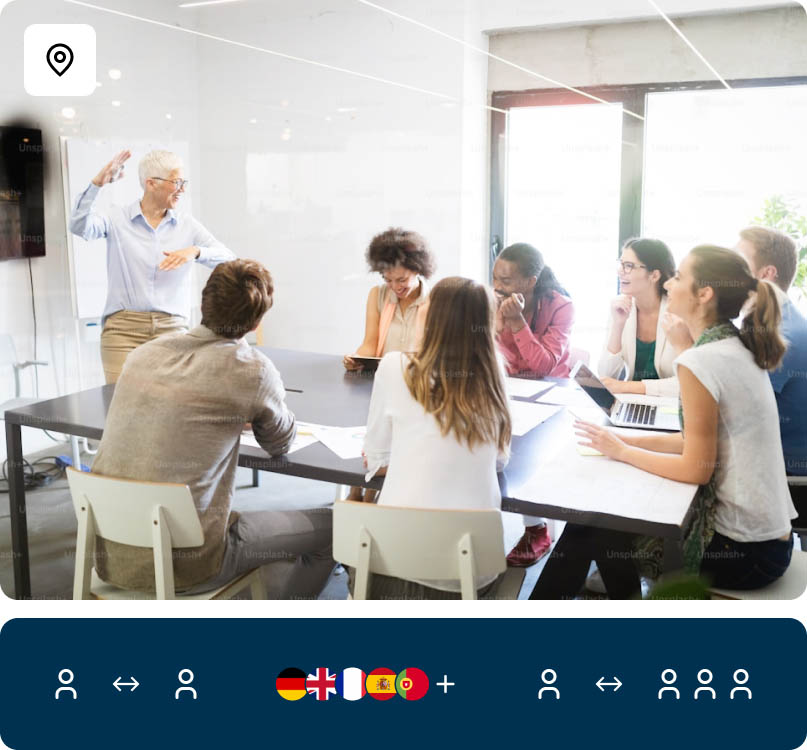 Ein Trainer führt vor einer Teilnehmergruppe ein themenbasiertes Sprachtraining im Workshop-Lernformat durch.