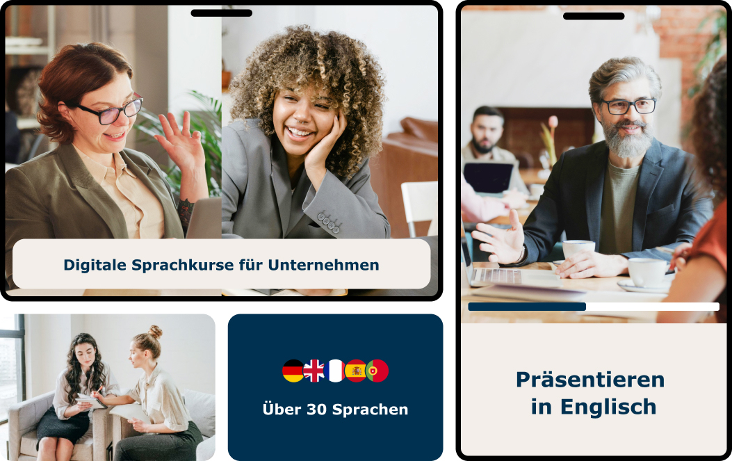 Bildercollage, die fünf unterschiedliche Situationen mit Personen darstellt von Sprachkursen für Unternehmen