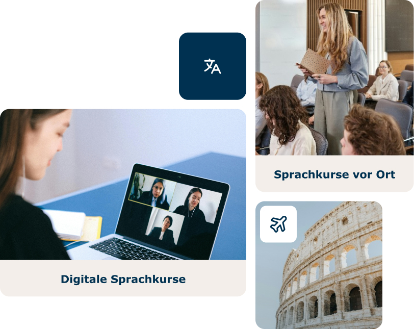 Bildercollage mit Personen, die an Präsenzkursen und virtuellen Sprachkursen für Unternehmen teilnehmen