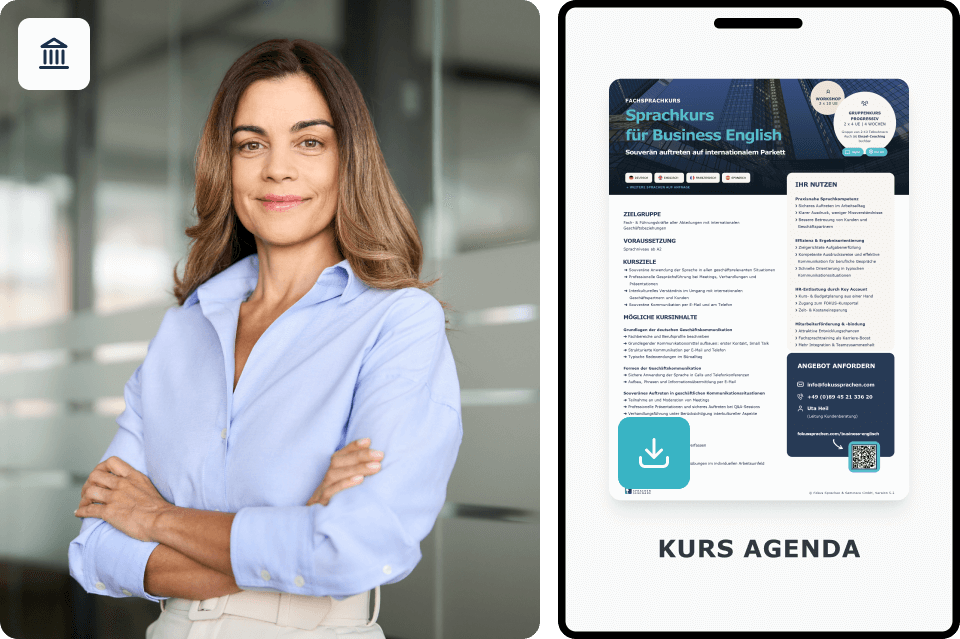 Führungskraft nach Sprachkurs Business Englisch bei FOKUS Sprachen, daneben Kursinformation als Download.
