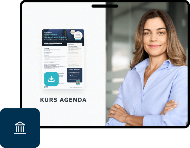 PDF-Kursinfo Business Englisch von FOKUS Sprachen, daneben Fachkraft nach erfolgreicher Kursteilnahme.