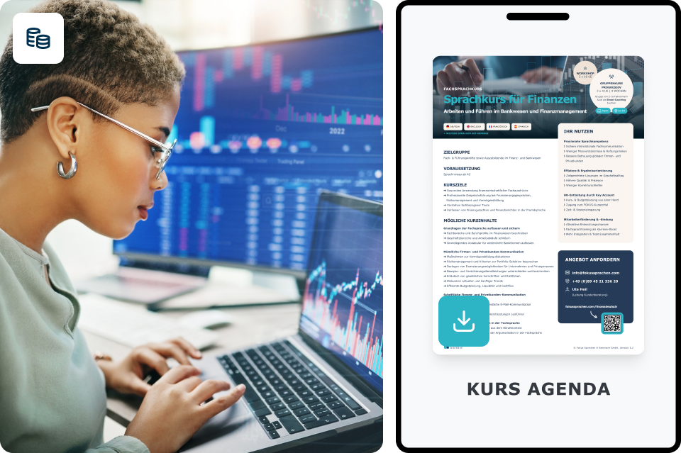 Investmentbankerin prüft Börsenkurse, daneben PDF-Kursinfo Deutsch für Finanzwesen von FOKUS Sprachen.