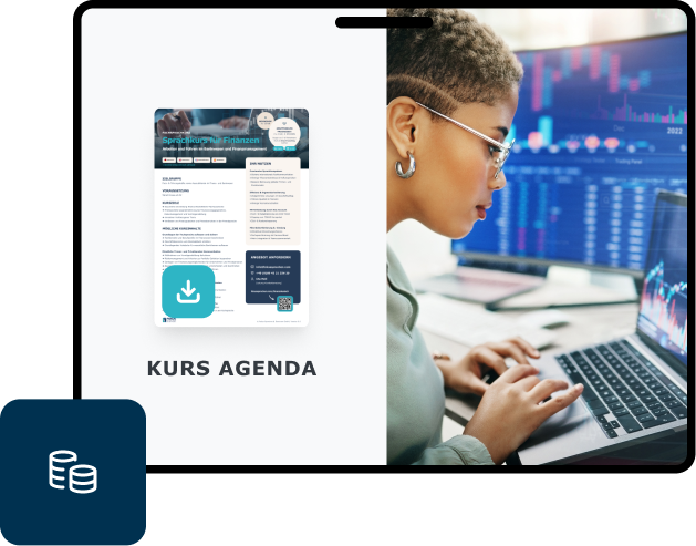 PDF-Kursinfo Deutsch für Finanzwesen von FOKUS Sprachen, daneben Investmentbankerin vor Monitoren mit Marktanalysen.