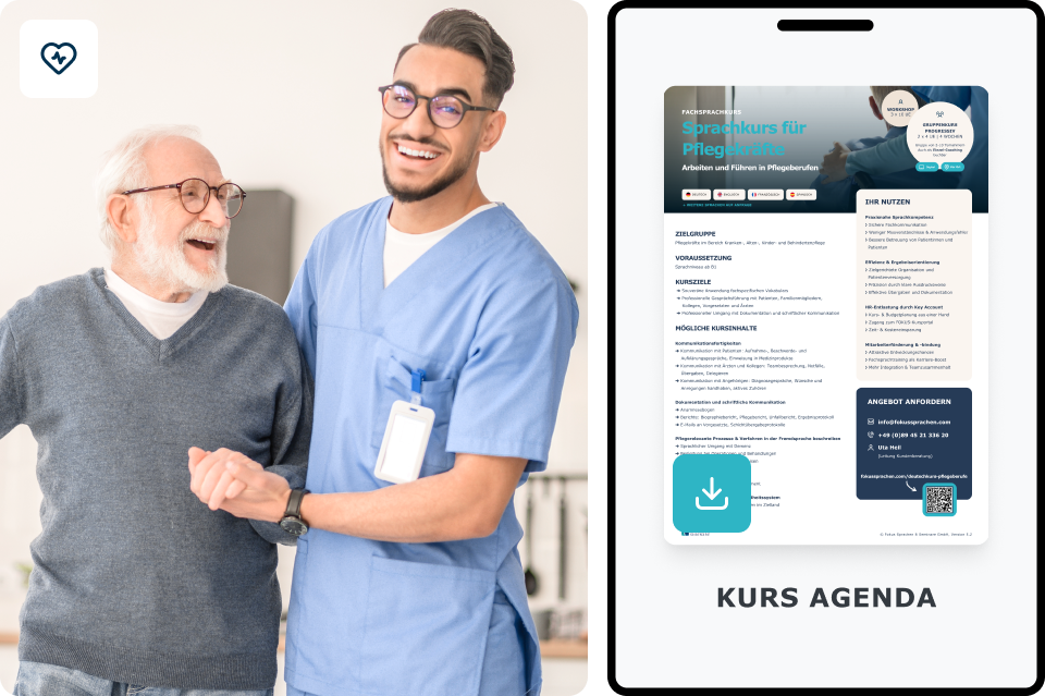 Internationale Pflegekraft im Gespräch mit älterem Patienten, daneben PDF-Kursinfo Deutsch für Pflegeberufe von FOKUS Sprachen zum Download.