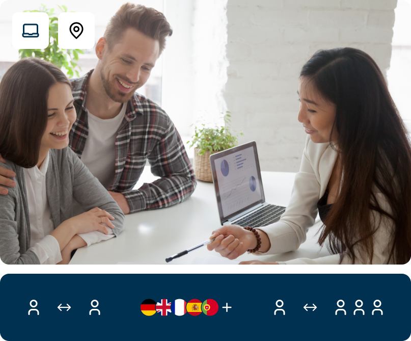 Finanzberaterin im Gespräch mit einem Paar zu Investitionen nach absolviertem Sprachkurs Deutsch für Finanzwesen bei FOKUS Sprachen.