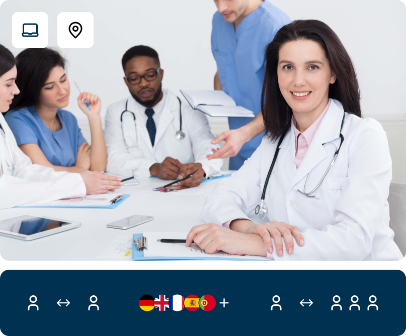Interkulturelles Ärzteteam lernt Deutsch für Mediziner, um sich sicher zu Behandlungsmethoden auszutauschen.