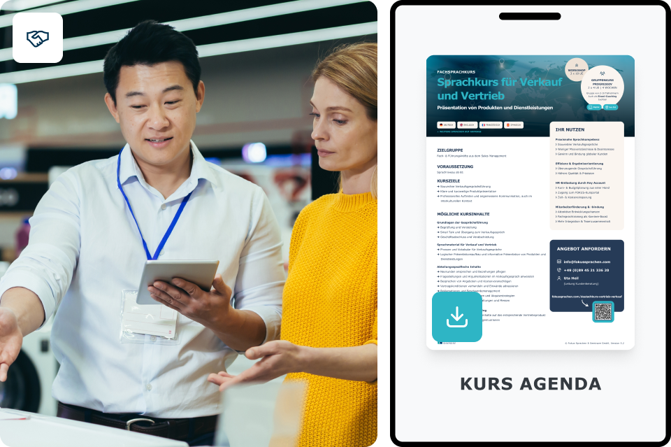 Vertriebsmitarbeiter zeigt einer Kundin Produkte am Tablet, daneben PDF-Kursinfo Deutsch für Verkauf & Vertrieb von FOKUS Sprachen.