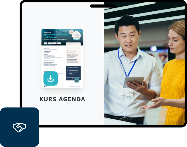 Vertriebsmitarbeiter im Kundengespräch am Tablet, daneben PDF-Kursinfo mit Kursagenda Deutsch für Verkauf & Vertrieb von FOKUS Sprachen.