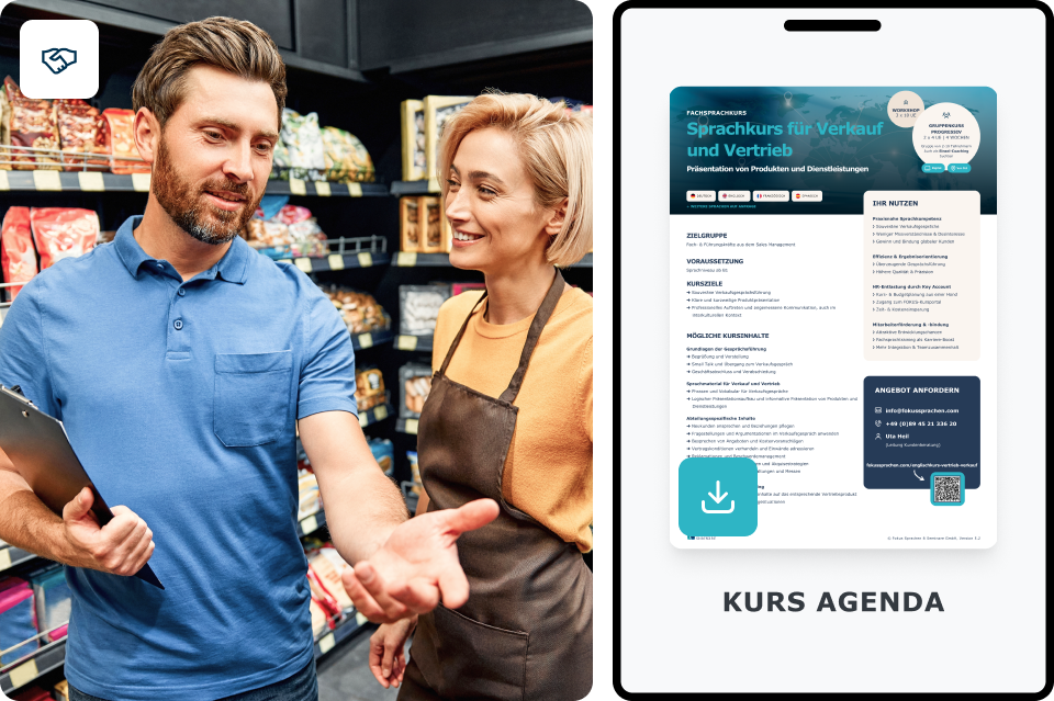 Vertriebsmitarbeiter im Verkaufsgespräch mit einer Ladenmitarbeiterin im Supermarkt, daneben PDF-Kursinfo Englisch für Verkauf & Vertrieb von FOKUS Sprachen.