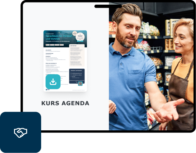 Vertriebsmitarbeiter im Beratungsgespräch mit einer Ladenmitarbeiterin, daneben PDF-Kursinfo mit Kursagenda Englisch für Verkauf & Vertrieb von FOKUS Sprachen.