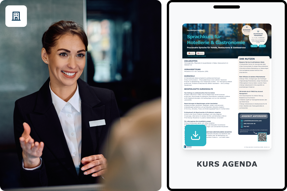 Freundliche Hotelmitarbeiterin im Gästegespräch, daneben PDF-Kursinfo Deutsch für Hotellerie & Gastronomie von FOKUS Sprachen.