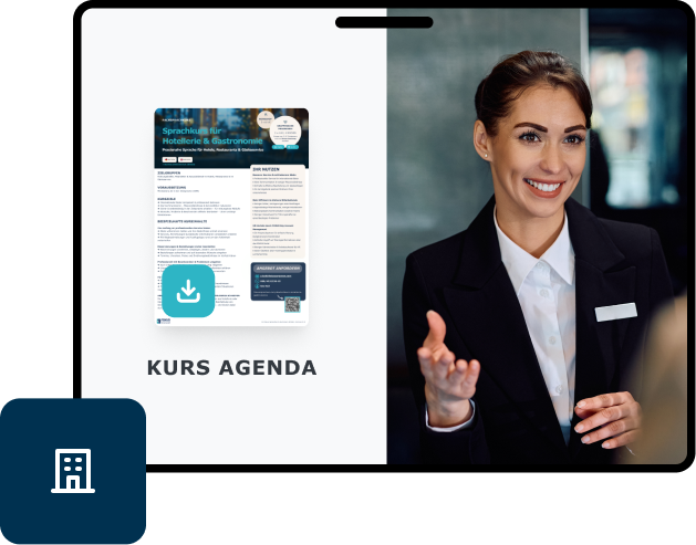 PDF-Kursinfo neben einer lächelnden Hotelmitarbeiterin, Deutsch für Hotellerie & Gastronomie von FOKUS Sprachen.