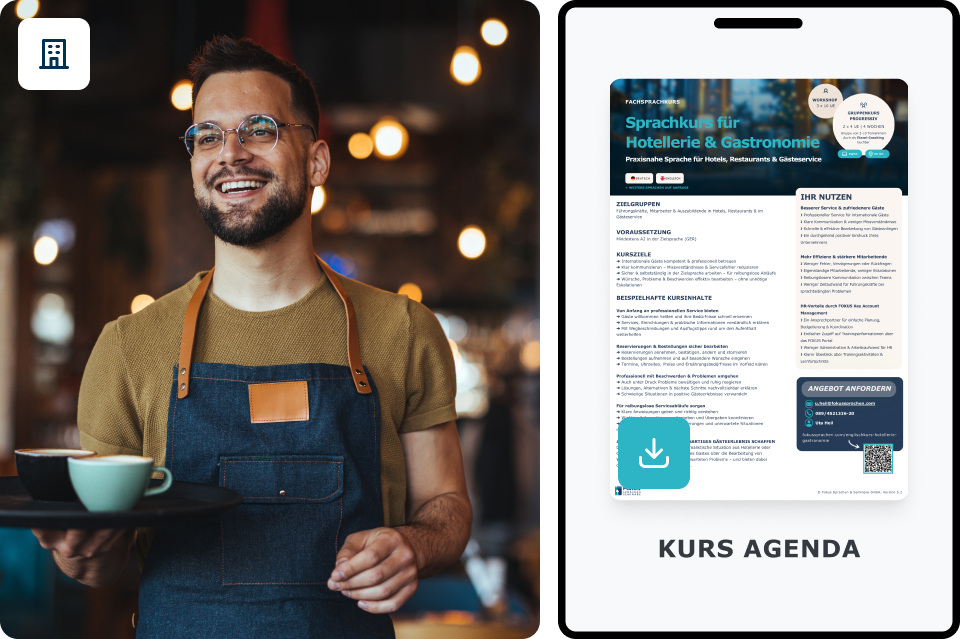 Freundlicher Barista mit Kaffeetablett im Café, daneben PDF-Kursinfo Englisch für Hotellerie & Gastronomie von FOKUS Sprachen.