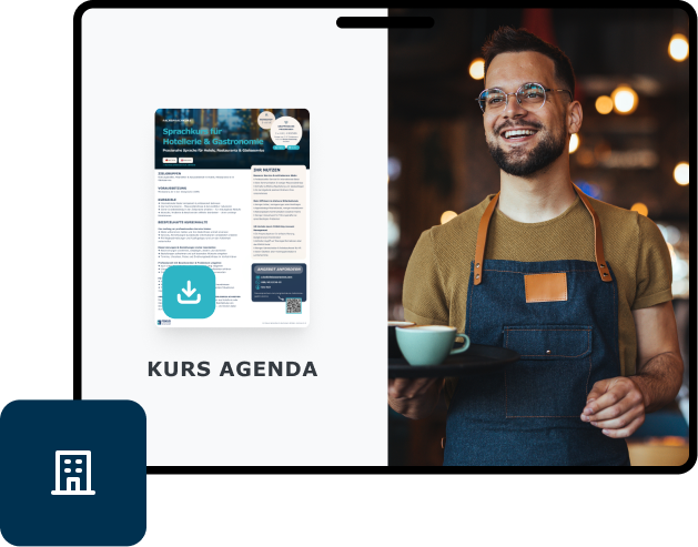 PDF-Kursinfo neben einem lächelnden Barista im Café, Englisch für Hotellerie & Gastronomie von FOKUS Sprachen.